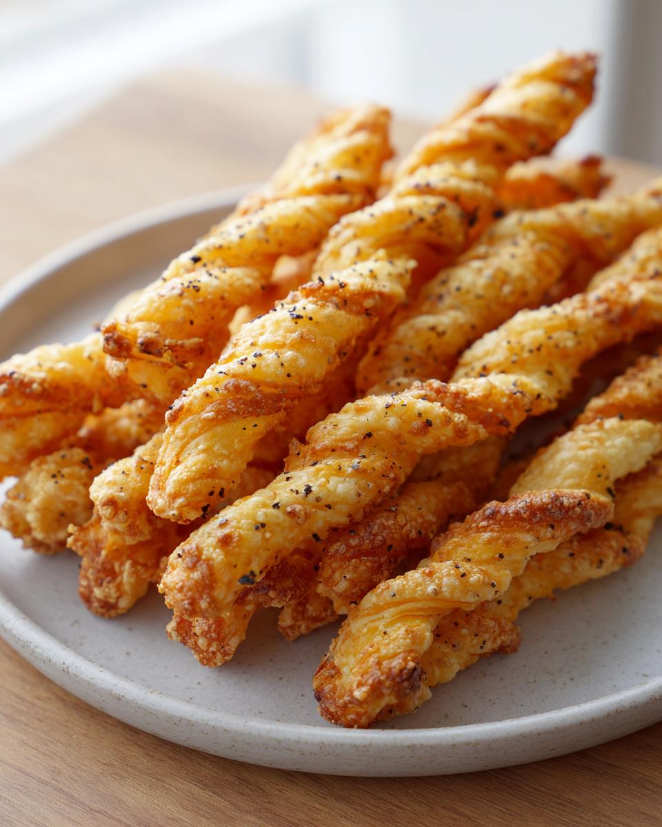 A close-up of several golden, flaky, twisted cheese straws seasoned with black pepper, piled on a light gray plate.