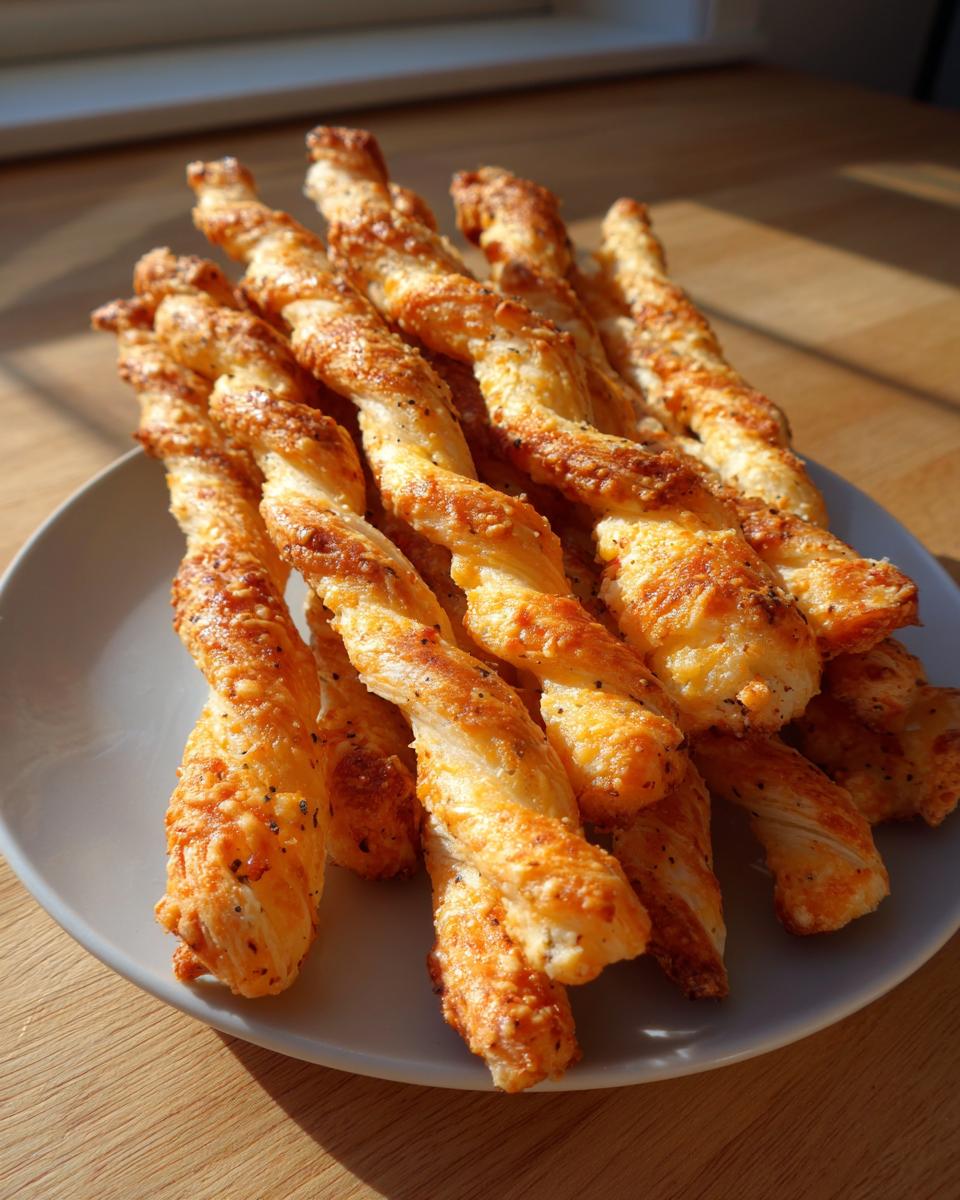 A pile of freshly baked, golden brown, twisted cheese straws seasoned with pepper, resting on a light grey plate.