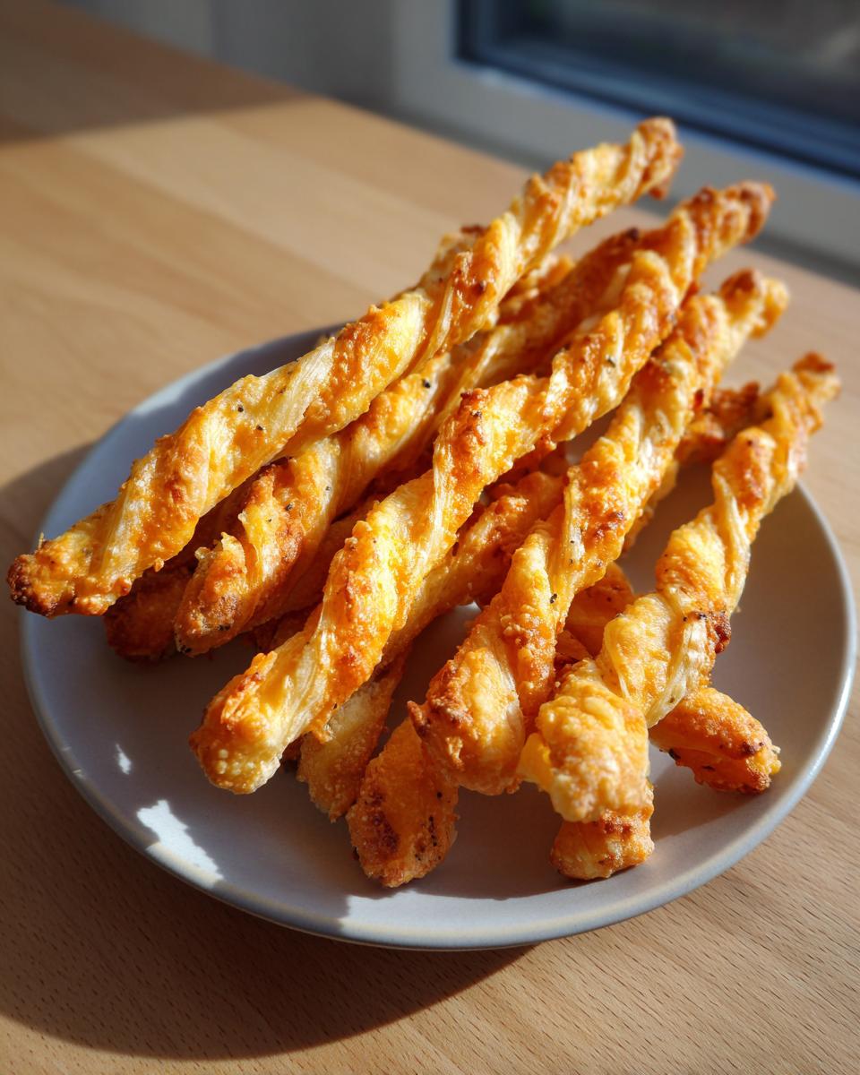 A pile of golden, flaky, twisted cheese straws seasoned with pepper, resting on a small gray plate.
