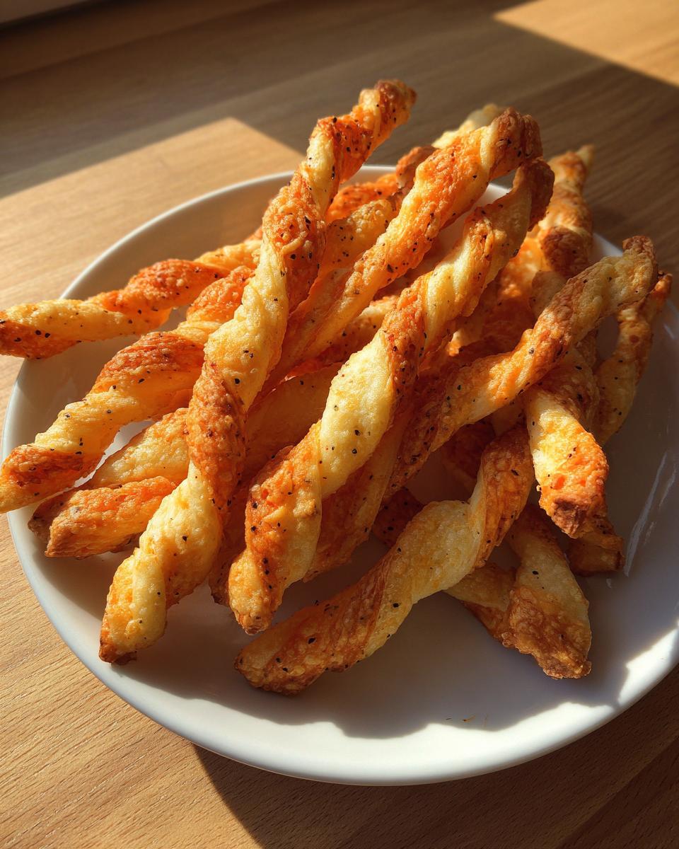 A pile of golden, twisted, and crispy cheese straws seasoned with black pepper, served on a white plate.