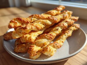 A stack of golden brown, flaky, twisted cheese straws seasoned with herbs, resting on a light-colored plate.