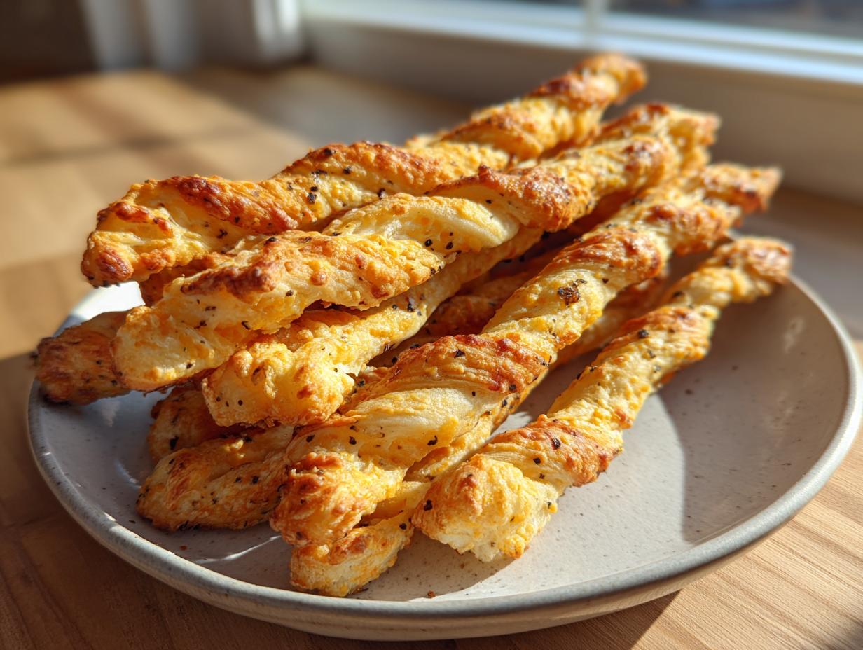 A stack of golden brown, flaky, twisted cheese straws seasoned with herbs, resting on a light-colored plate.