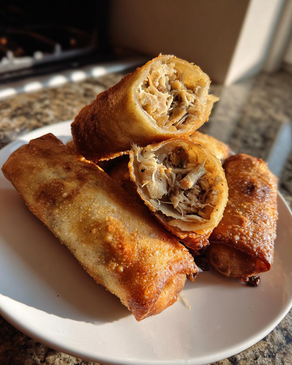 A stack of golden brown, crispy fried egg roll appetizers, with one cut open to show the savory shredded filling.