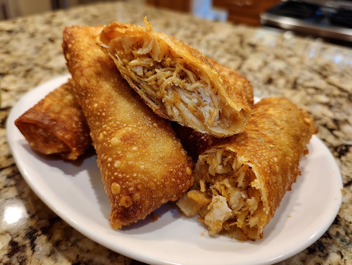 Close-up of crispy fried egg roll pieces showing the shredded chicken and vegetable filling inside.