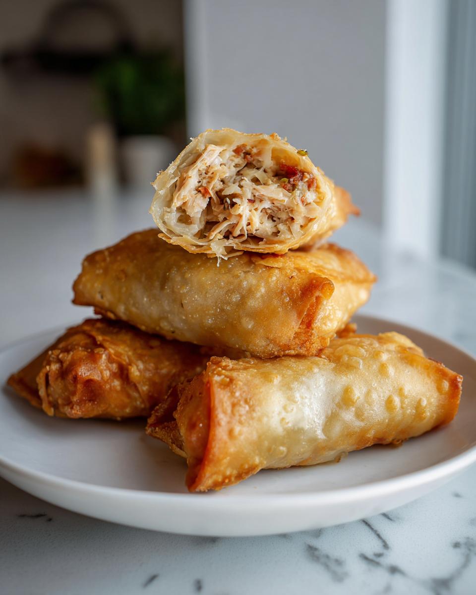 A stack of golden brown, crispy fried egg roll appetizers, with one egg roll cut in half showing the shredded filling.