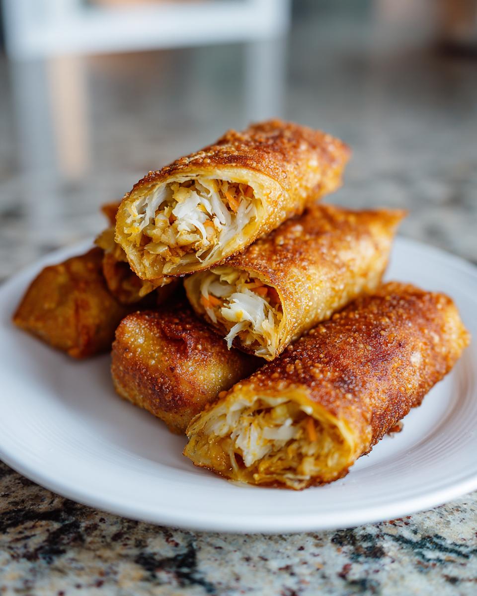 A stack of golden brown, crispy fried egg roll pieces, one cut open to show the cabbage and carrot filling.