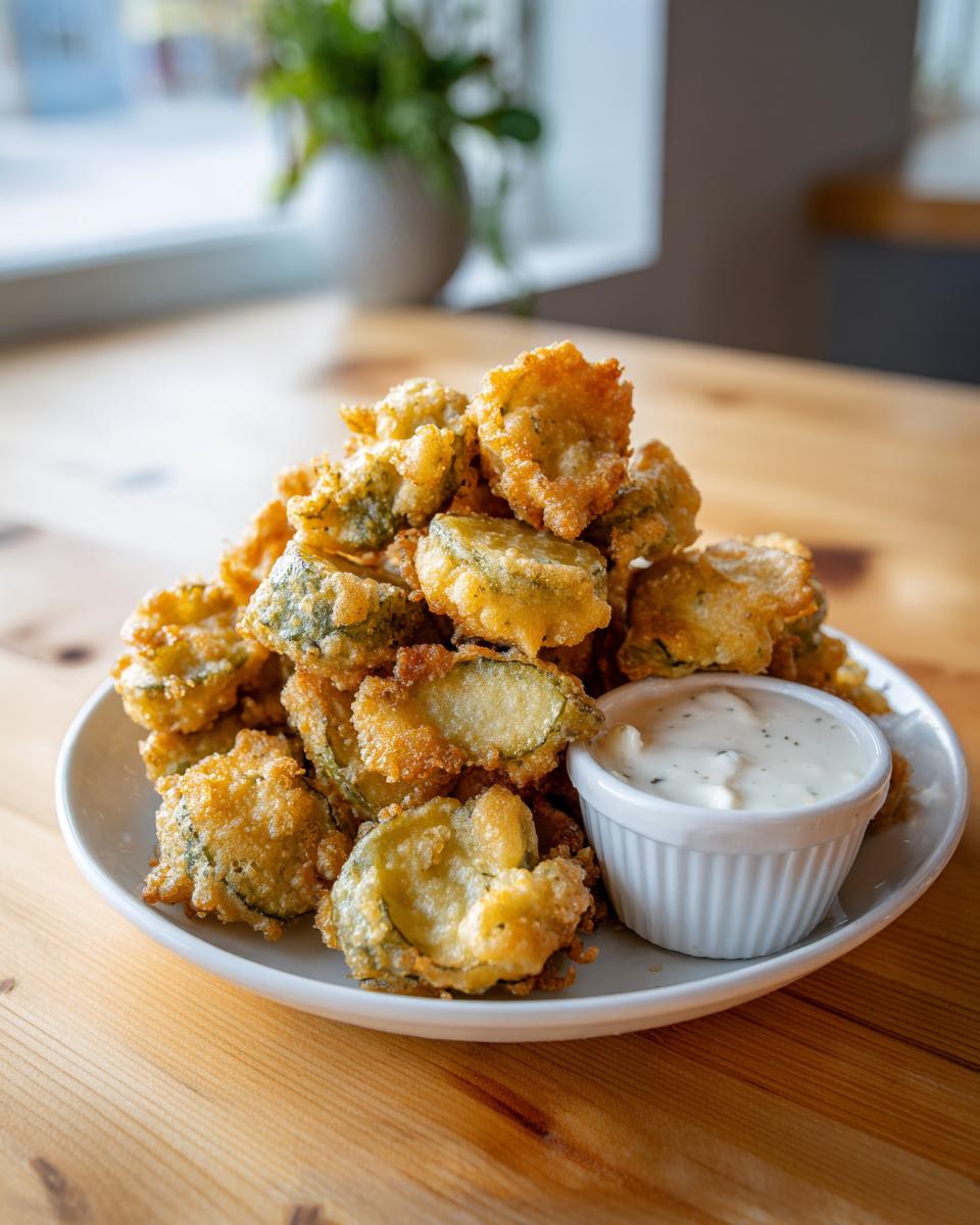 A tall pile of golden brown, crispy Fried Pickles served on a white plate next to a small ramekin of creamy ranch dipping sauce.