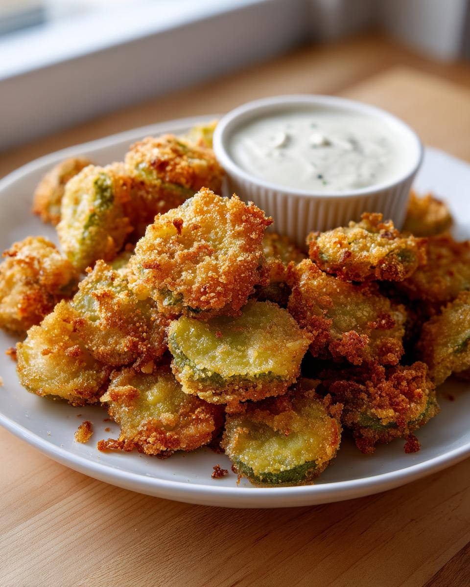 A plate piled high with golden brown, crispy Fried Pickles served next to a small ramekin of ranch dipping sauce.