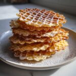 A tall stack of golden brown, crispy pizzelle cookies dusted generously with powdered sugar, sitting on a light gray plate.