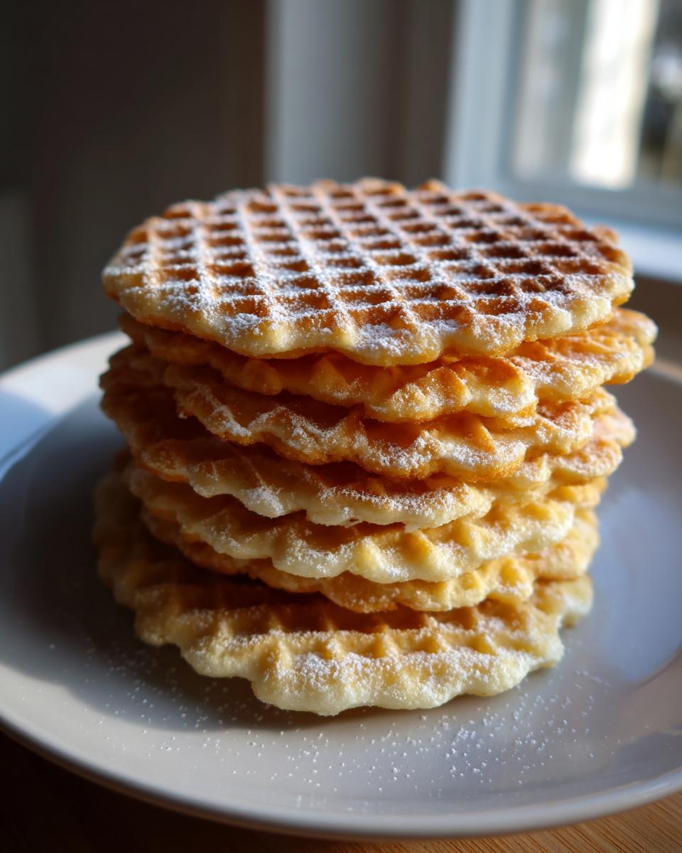 A tall stack of golden, crispy pizzelle cookies dusted lightly with powdered sugar.