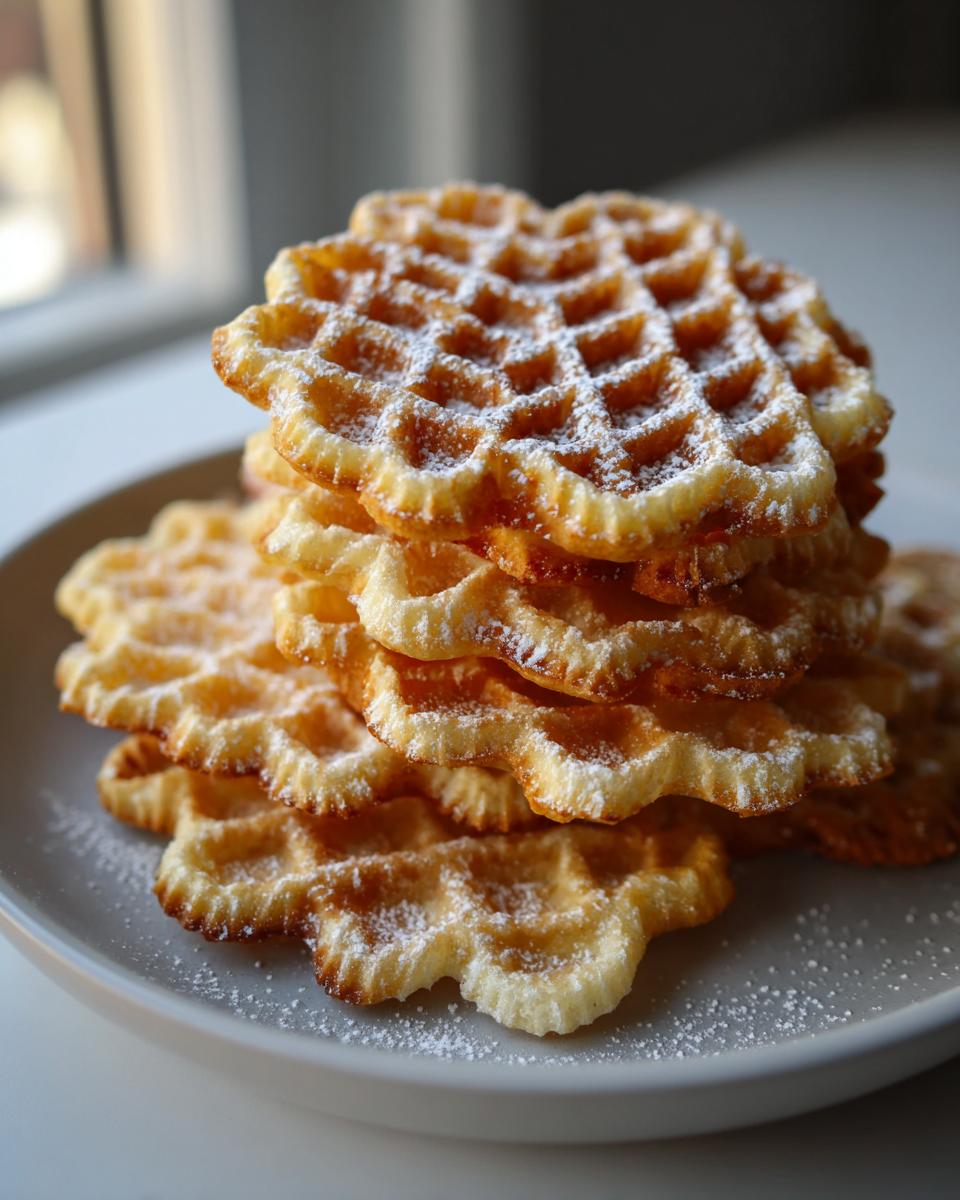 A tall stack of golden brown, crispy pizzelle cookies dusted lightly with powdered sugar on a light gray plate.