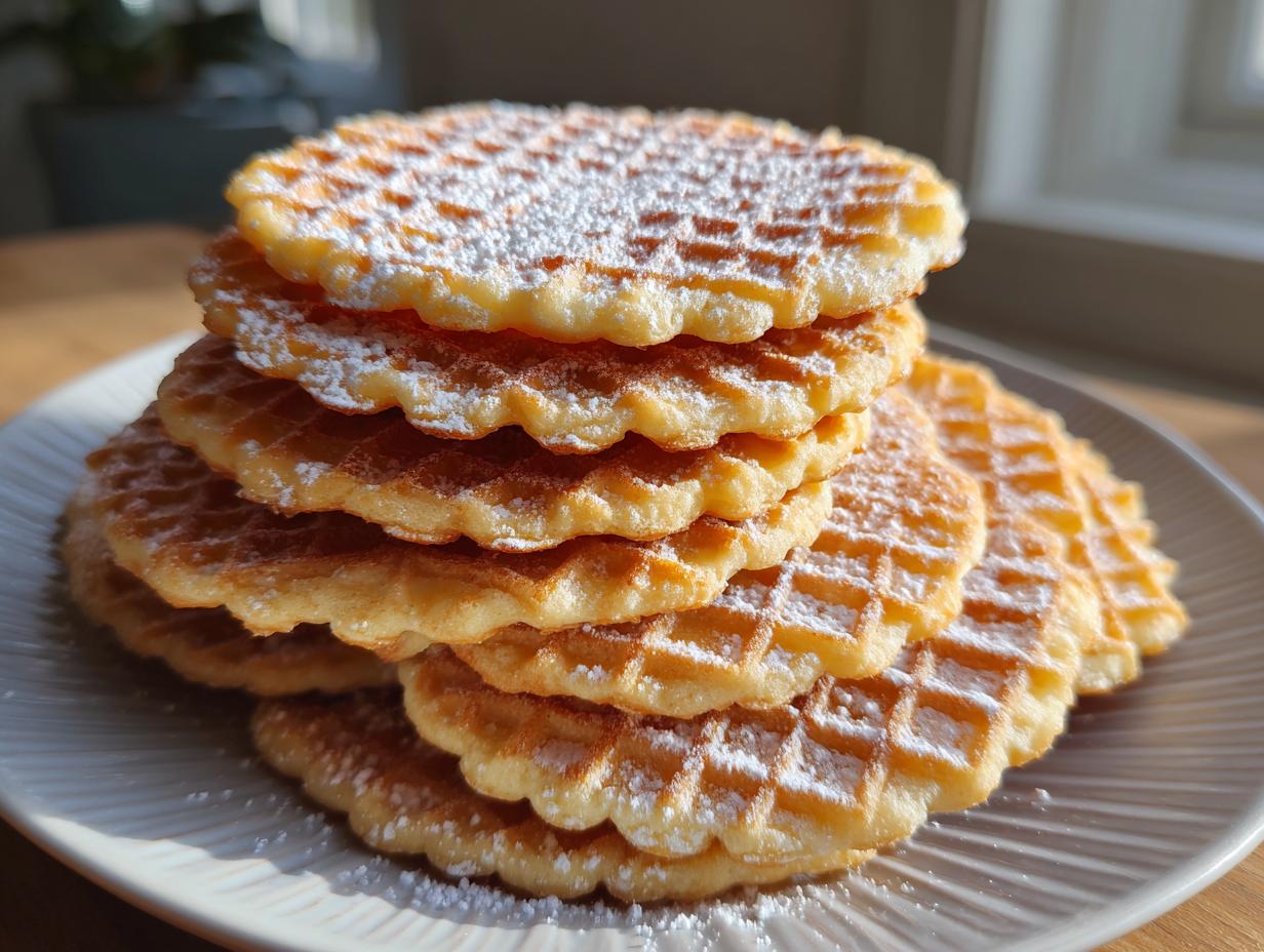 A tall stack of golden, crispy pizzelle cookies lightly dusted with powdered sugar on a white plate.