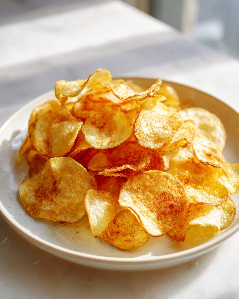 A close-up of a bowl filled with golden, wavy potato chips seasoned with paprika or chili powder.