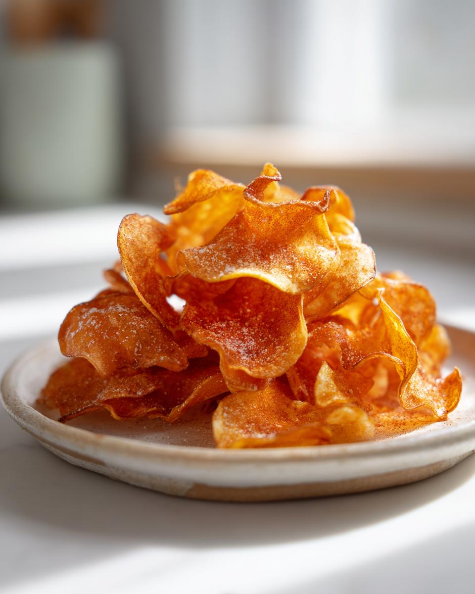A close-up, brightly lit stack of thin, wavy, seasoned potato chips dusted with fine white powder on a small ceramic plate.