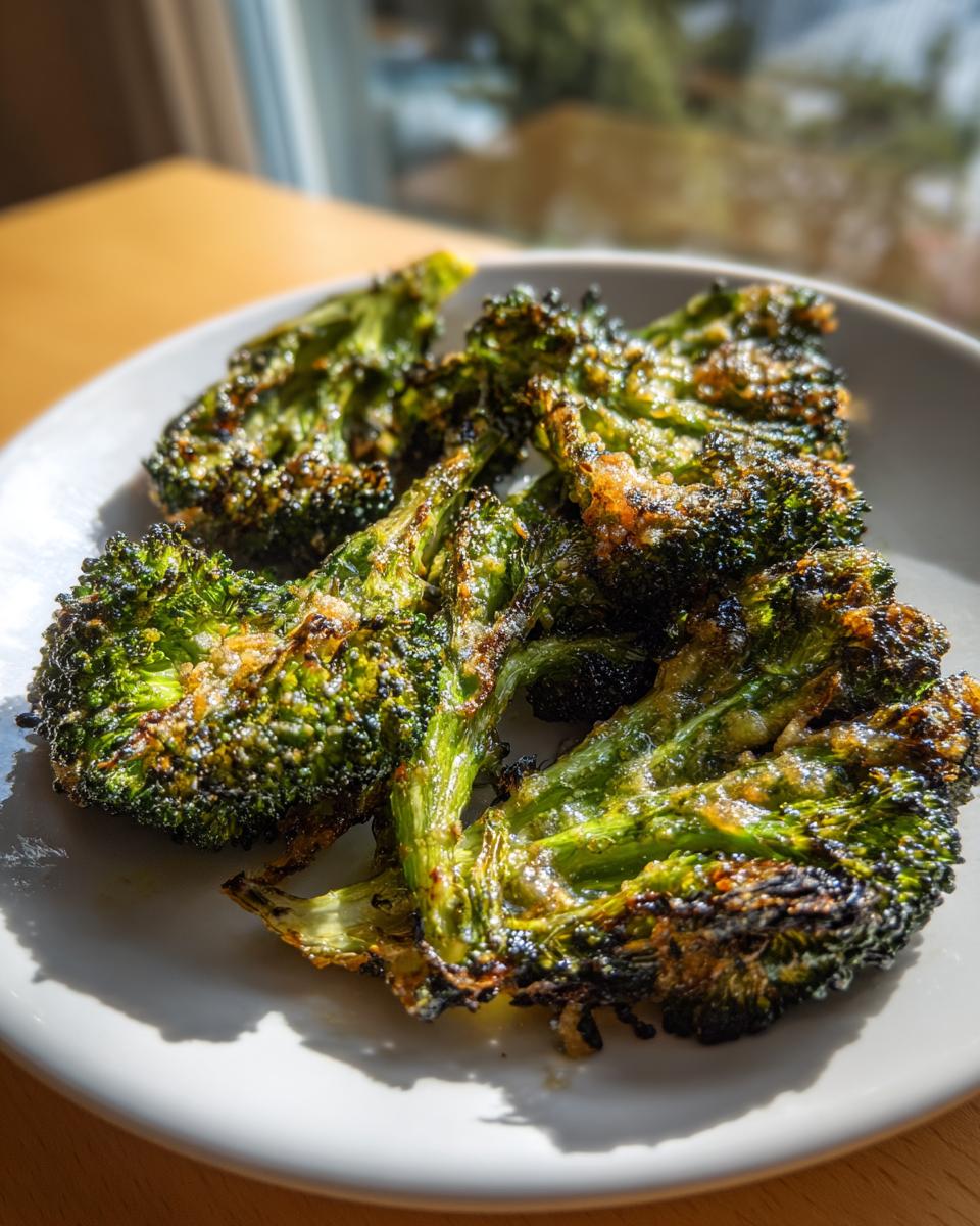 Close-up of perfectly charred and crispy smashed broccoli served on a white plate, highlighting the texture.