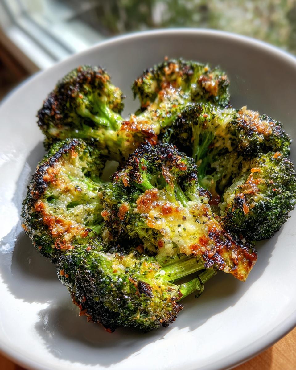 Close-up of perfectly roasted, crispy smashed broccoli florets topped with melted, slightly browned cheese.
