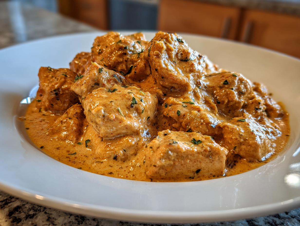 Close-up of tender chicken pieces smothered in a rich, creamy orange sauce, representing crockpot marry me chicken.