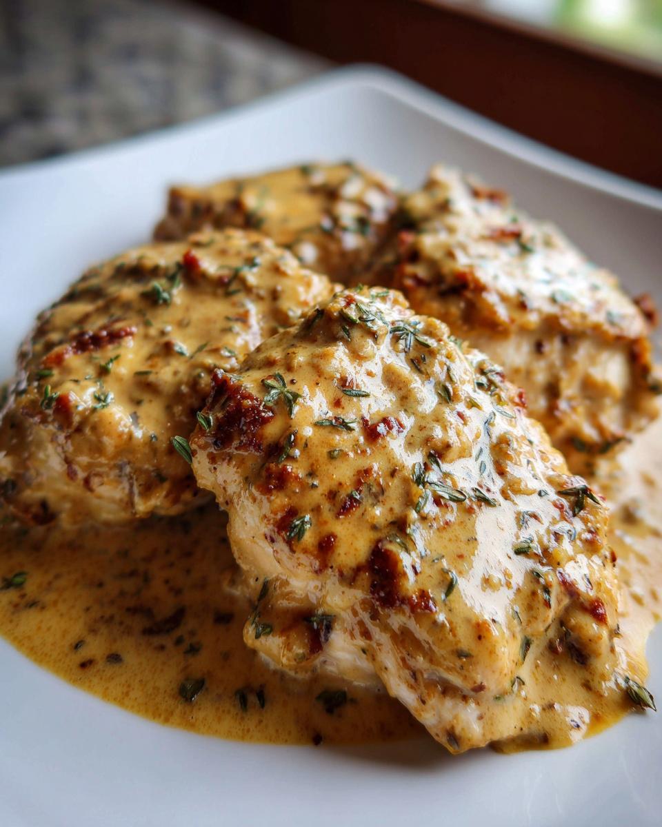 Close-up of four servings of creamy crockpot marry me chicken covered in a rich sauce with herbs and sun-dried tomatoes.