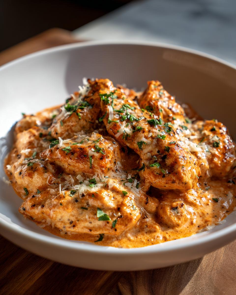 Close-up of tender chicken pieces coated in a rich, creamy sauce, garnished with grated parmesan and parsley, representing crockpot marry me chicken.