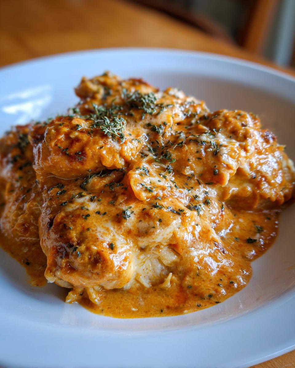 Close-up of tender chicken smothered in a creamy, orange-hued sauce, topped with herbs, representing crockpot marry me chicken.