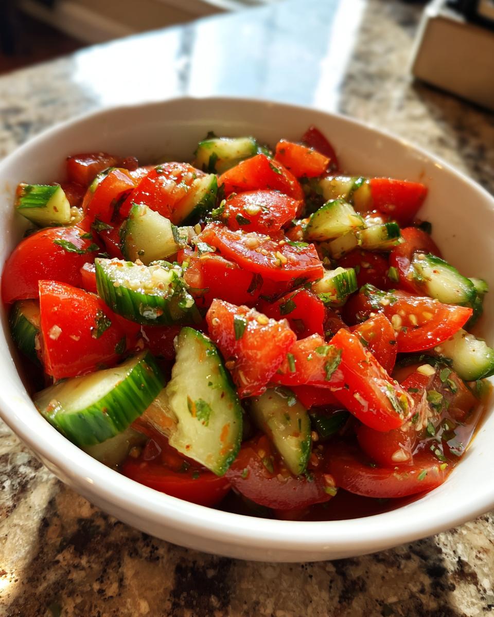 Close-up of a vibrant cucumber tomato salad with herbs and dressing in a white bowl.
