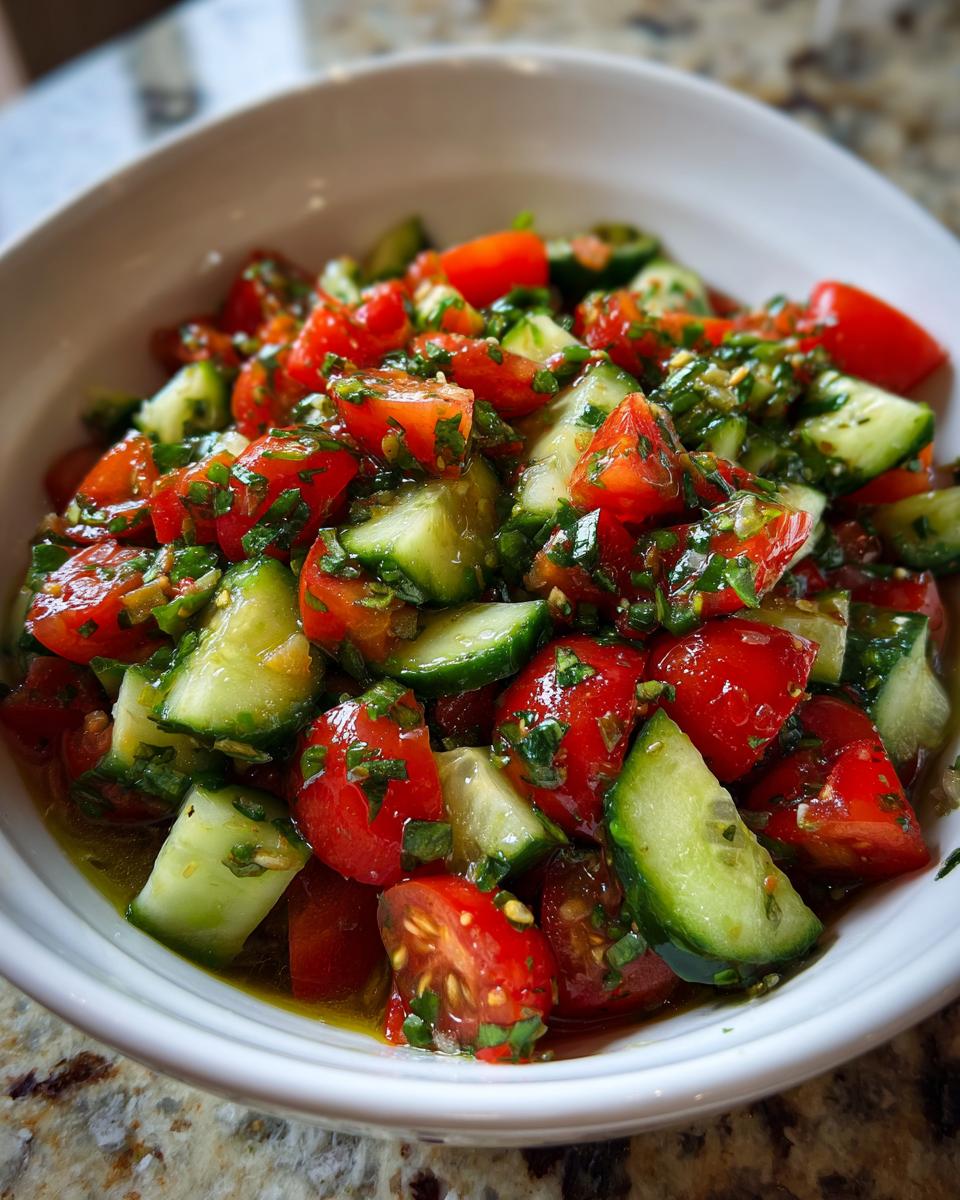 Close-up of a vibrant cucumber tomato salad tossed in a light dressing with herbs, served in a white bowl.