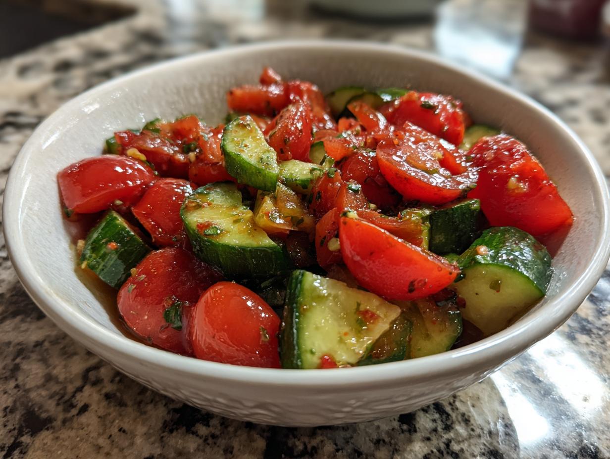 Close-up of a vibrant cucumber tomato salad featuring halved cherry tomatoes and sliced cucumbers in a white bowl.