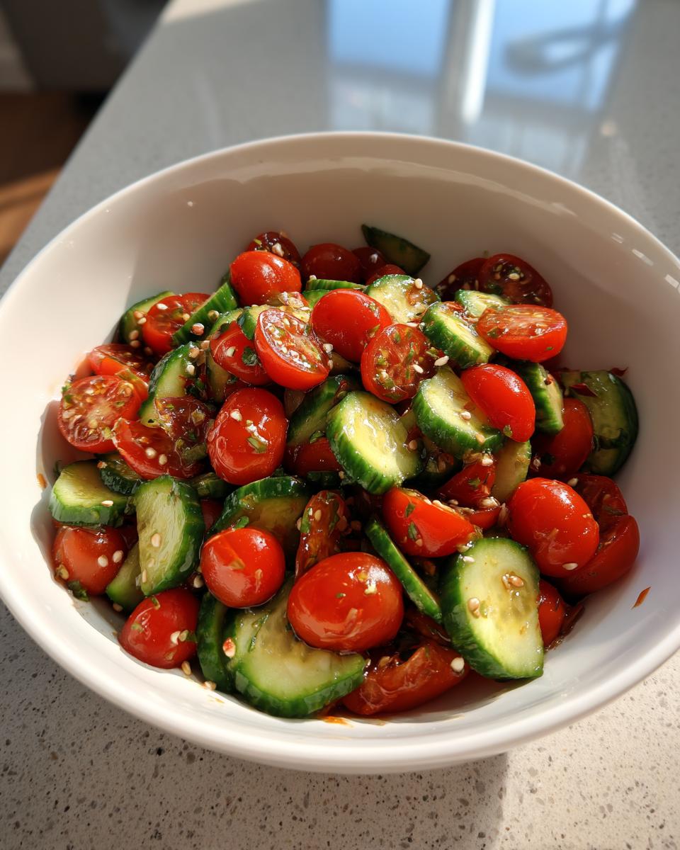 Close-up of a fresh cucumber tomato salad with a savory dressing and sesame seeds in a white bowl.