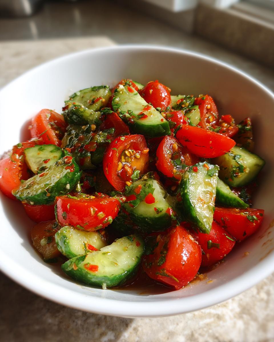 Close-up of a vibrant cucumber tomato salad tossed with herbs and dressing in a white bowl.