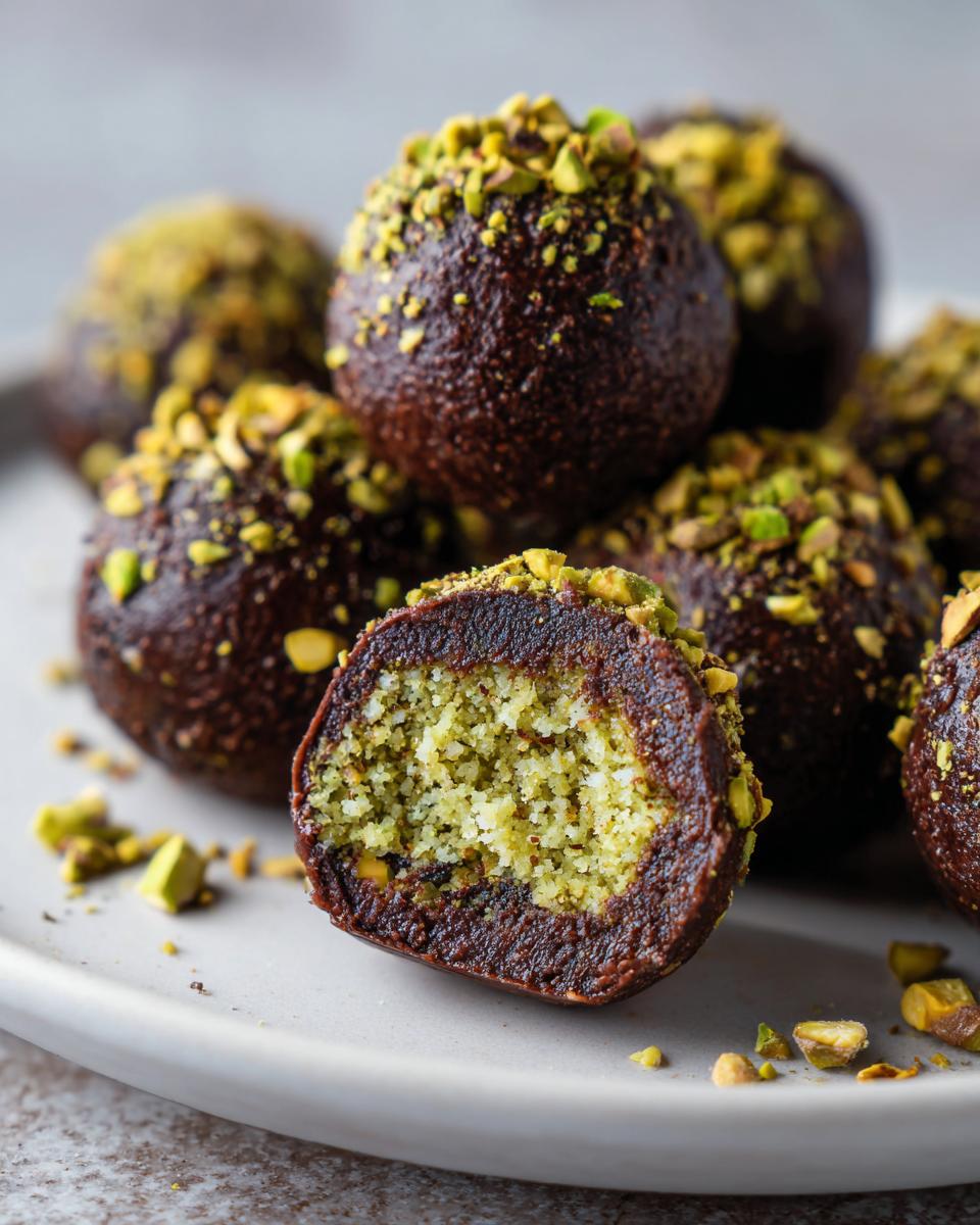 Close-up of rich Dubai chocolate balls topped with chopped pistachios, one cut in half showing a bright green pistachio filling.