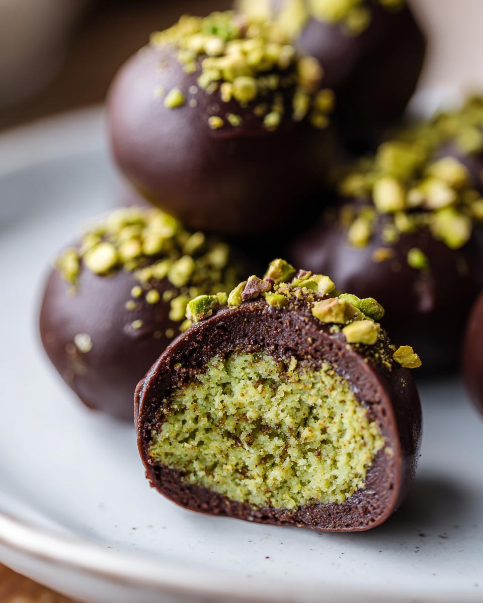 Close-up of a Dubai chocolate balls cut in half showing a bright green pistachio filling, coated in dark chocolate and topped with crushed pistachios.