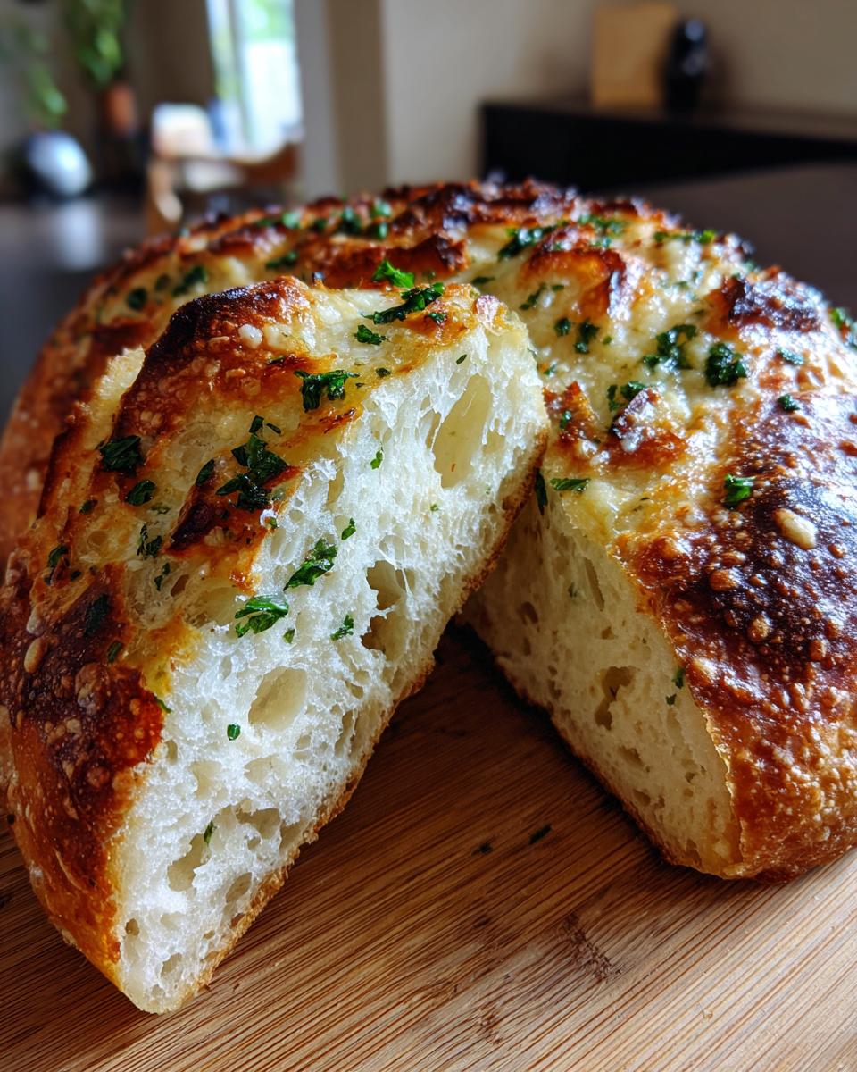 Close-up of freshly baked artisan bread, cut open to show the airy crumb and golden, cheesy, herb-topped crust.
