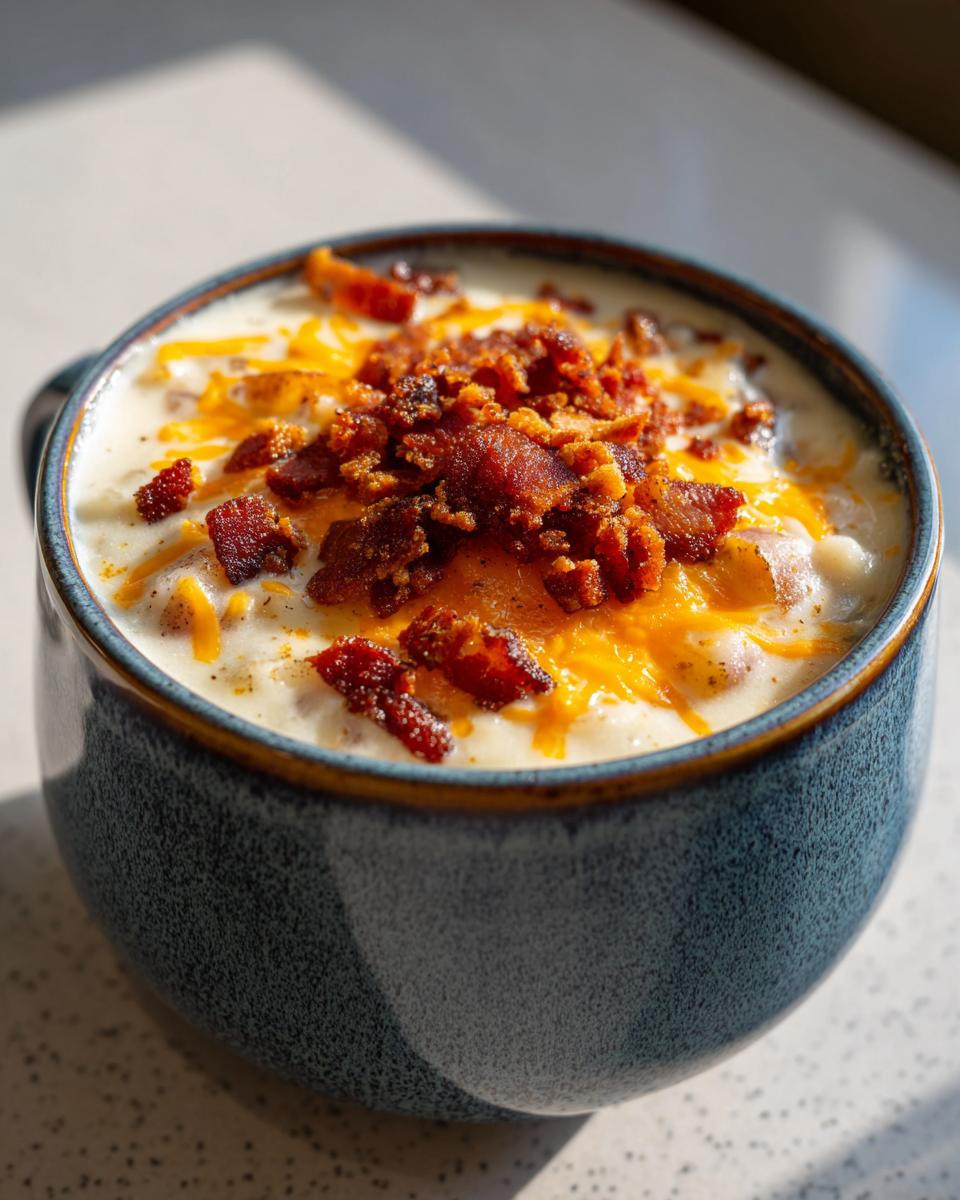 Close-up of a bowl of creamy easy crockpot potato soup topped generously with shredded cheddar cheese and crispy bacon bits.
