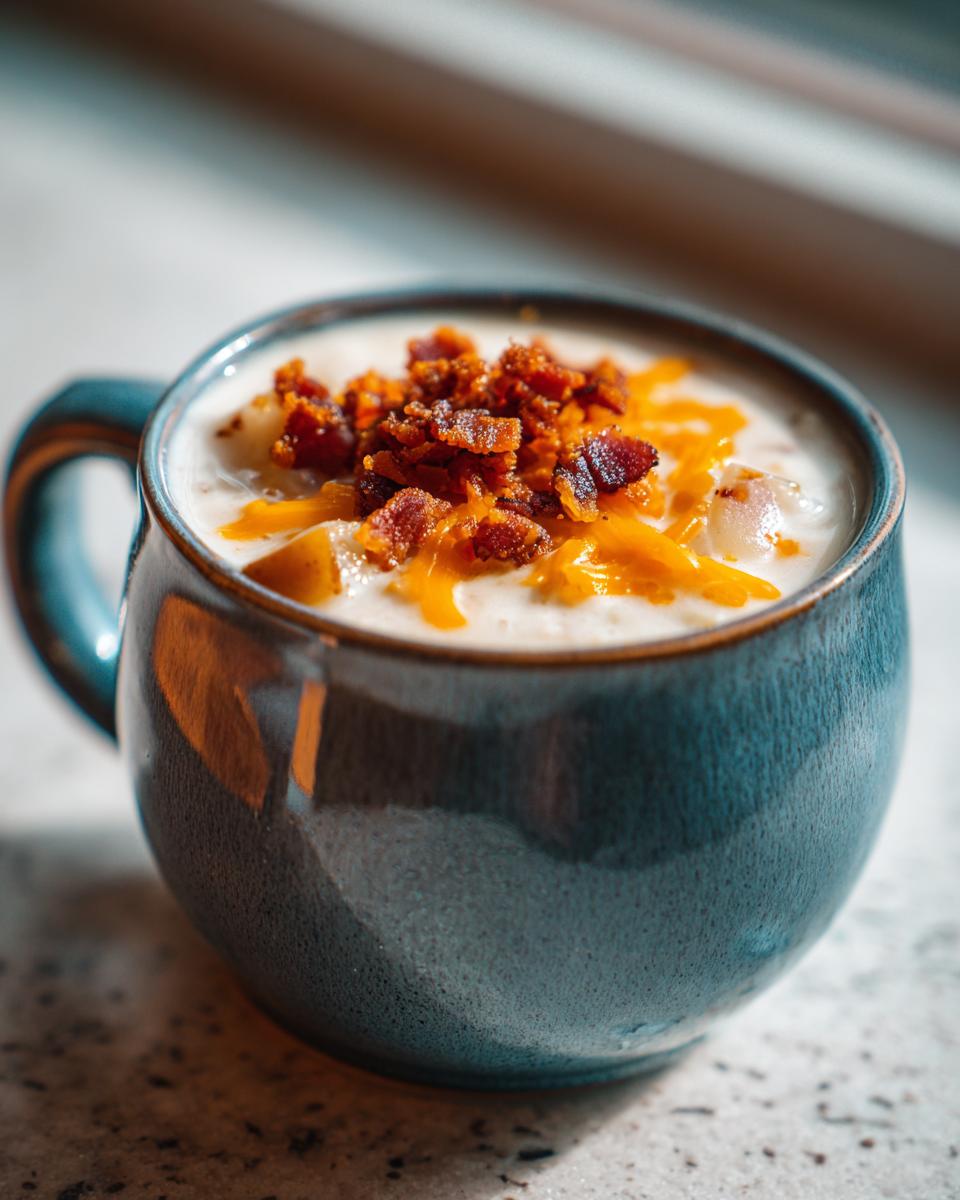 A close-up of a thick serving of easy crockpot potato soup topped with shredded cheddar cheese and crispy bacon bits in a blue mug.