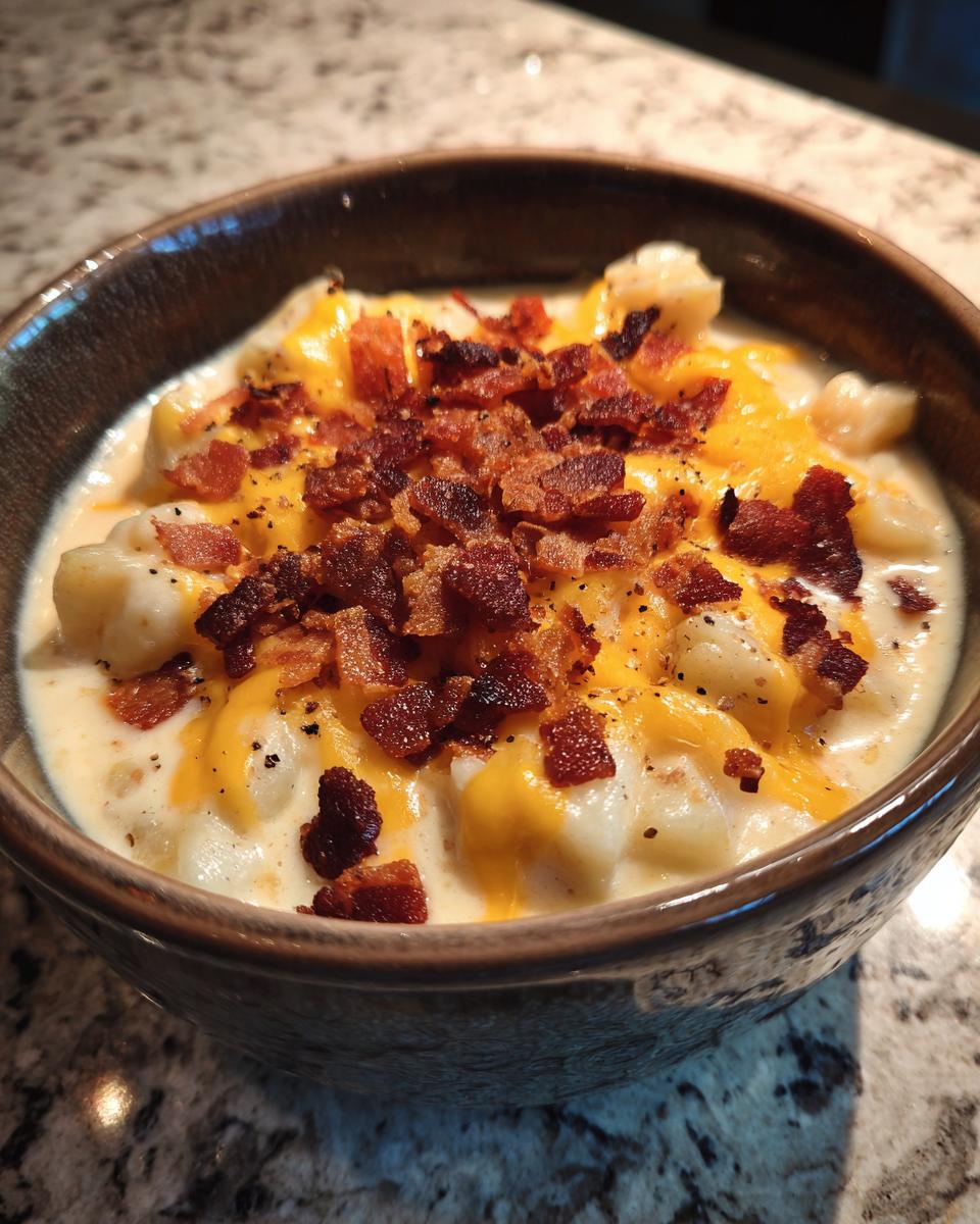 Close-up of a hearty bowl of easy crockpot potato soup topped with melted cheddar cheese and crispy bacon bits.