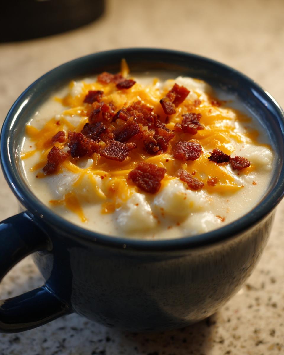 Close-up of creamy easy crockpot potato soup topped with shredded cheddar cheese and bacon bits in a blue mug.