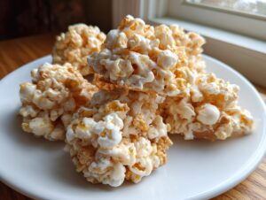 A stack of homemade avalanche cookies made with popcorn and coated in a white, sticky binder, sitting on a white plate.