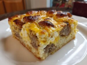Close-up of a square slice of baked christmas breakfast casserole with sausage, eggs, and melted cheese topping.