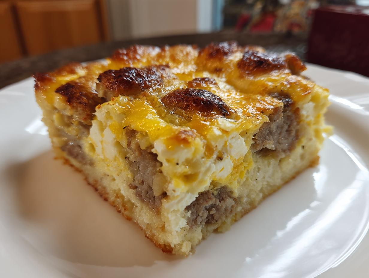 Close-up of a square slice of baked christmas breakfast casserole with sausage, eggs, and melted cheese topping.