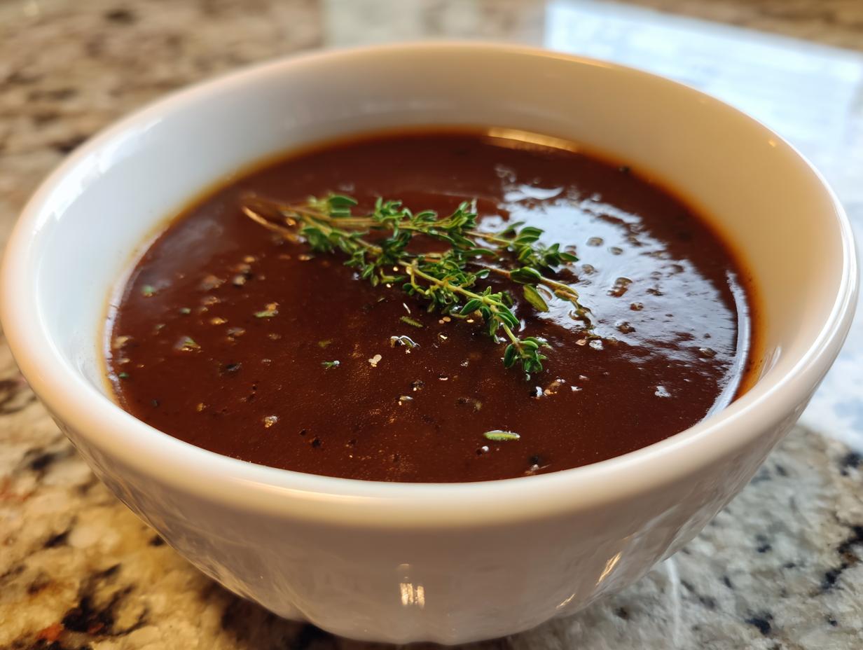 Close-up of rich, dark homemade brown gravy served in a white bowl and garnished with fresh thyme sprigs.
