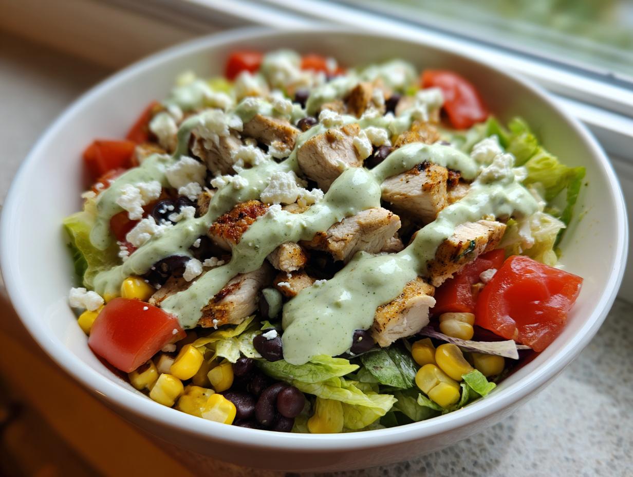 Close-up of a vibrant southwest salad bowl featuring grilled chicken, corn, black beans, tomatoes, and creamy green dressing.