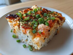 A close-up slice of baked sushi bake featuring a creamy, browned topping, shrimp, and fresh green onions on a white plate.