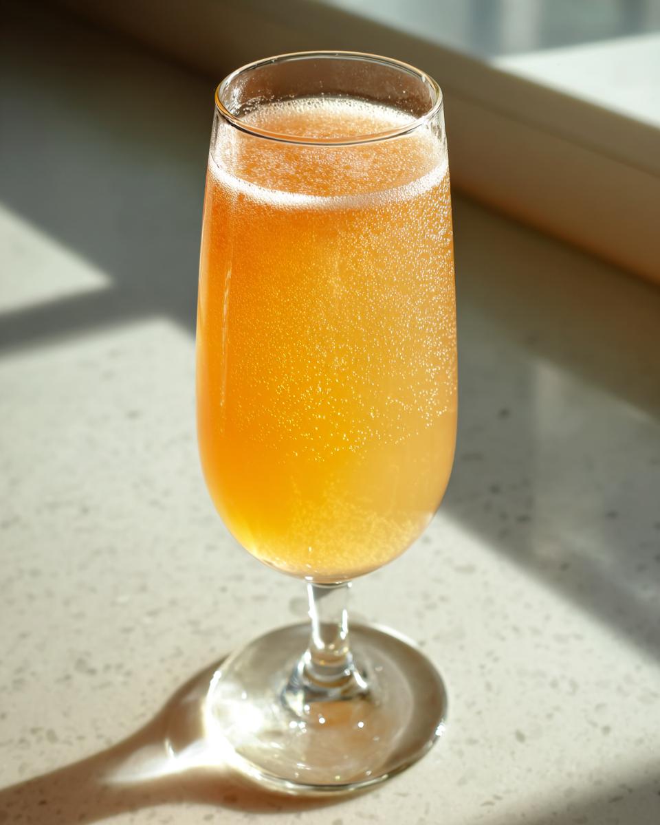 A fizzy, orange-hued bellini recipe drink served in a tall champagne flute glass on a light countertop.
