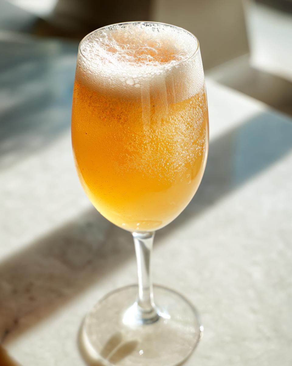 Close-up of a fizzy, orange-hued bellini recipe cocktail served in a tall champagne flute.