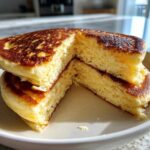 Close-up of fluffy almond flour pancakes cut in half, showing the light, airy interior texture.