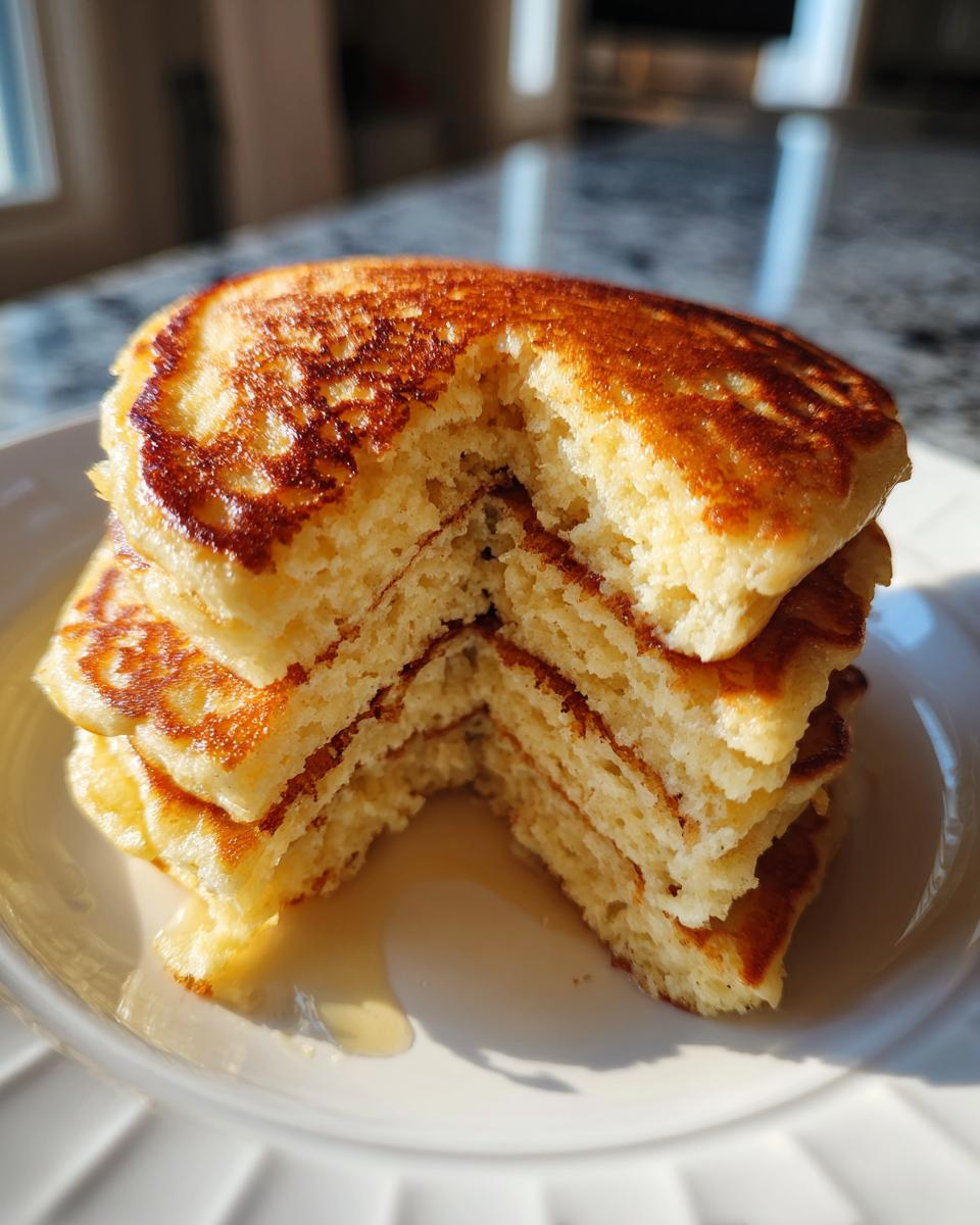 A close-up stack of four fluffy almond flour pancakes with a bite taken out, drizzled with syrup.