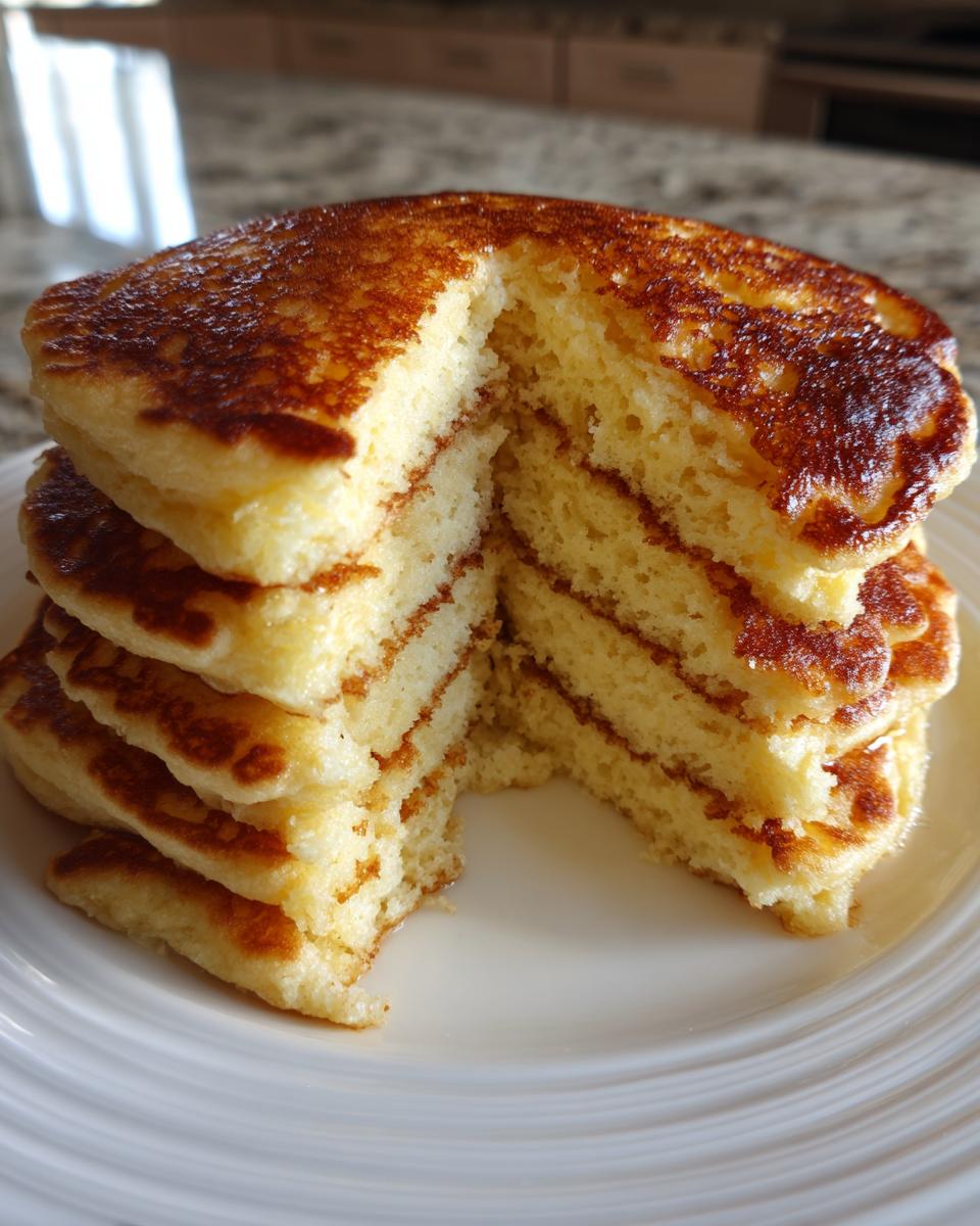 A tall stack of fluffy almond flour pancakes with a slice removed to show the soft interior texture.