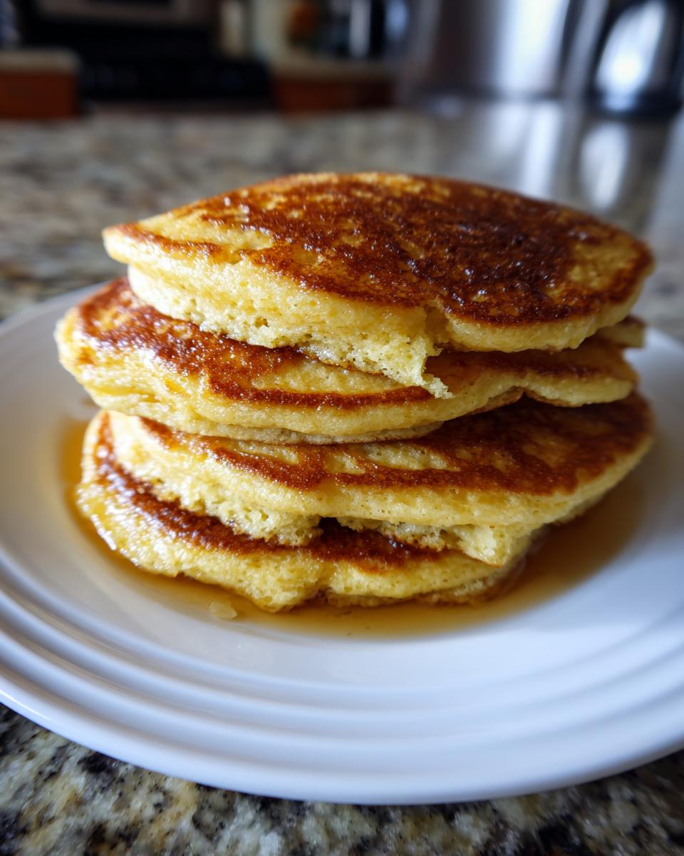 A tall stack of four golden-brown almond flour pancakes drizzled with syrup on a white plate.
