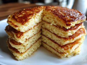 A tall stack of fluffy almond flour pancakes, cut vertically to show the texture, drizzled with syrup.