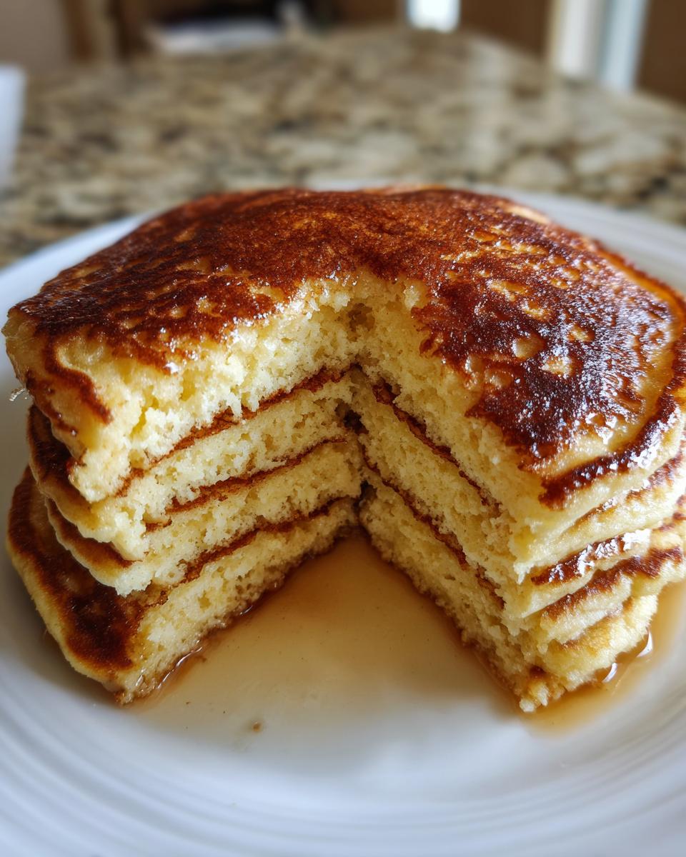 A thick stack of fluffy almond flour pancakes cut to show the interior texture, drizzled with syrup.
